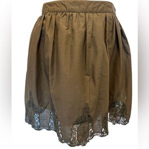 Halogen Khaki Olive Green Skirt Embroidered Crochet Hem line, Size 6